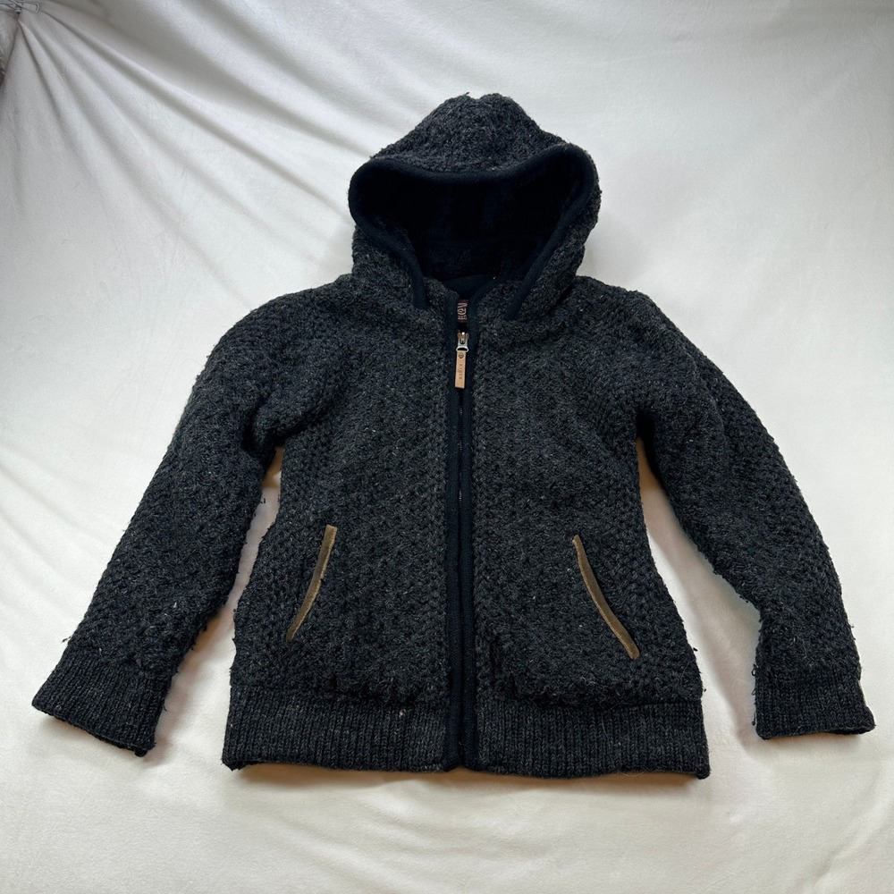 Kyber Dark Gray Textured Knit Full Zip Hoodie Jacket With Faux Fur Lined‎ Hood